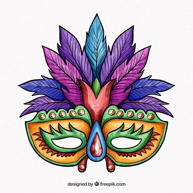 Máscara de carnaval colorida con plumas moradas