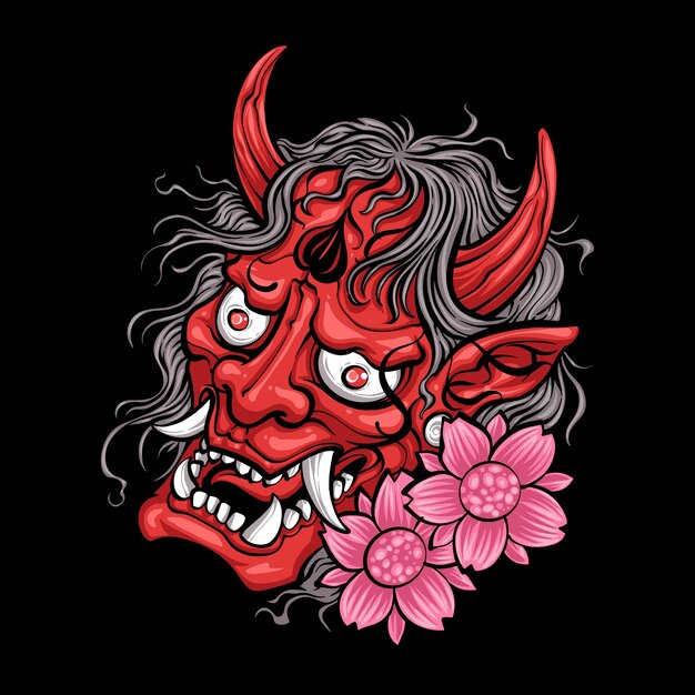 máscara de demonio japonesa roja con flor de sakura