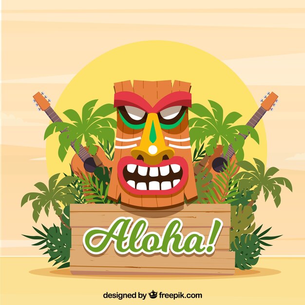 Máscara hawaiana, plantas y ukeleles