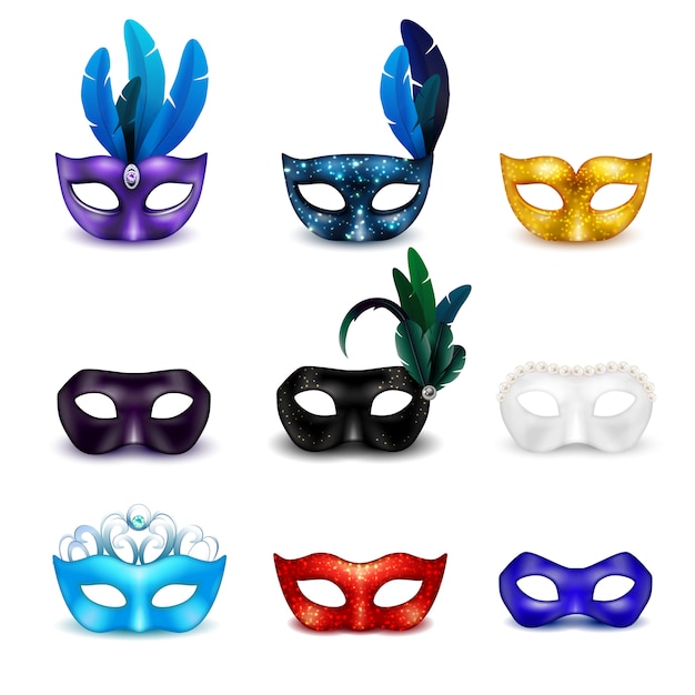 Máscara de mascarada aislada coloreada conjunto de iconos realista