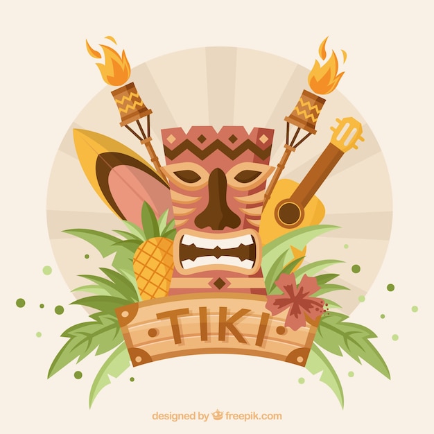 Vector gratuito máscara tiki y elementos tropicales