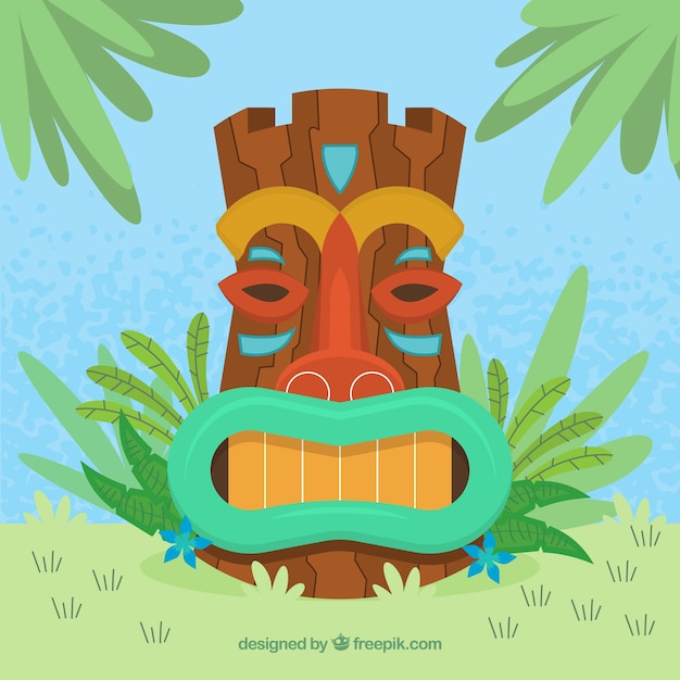 Vector gratuito máscara tiki con hojas de palmera en diseño plano