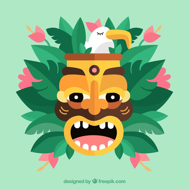 Máscara tiki, plantas y gaviota