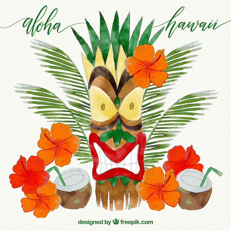 Vector gratuito máscara tribal hawaiana con cócteles en acuarela