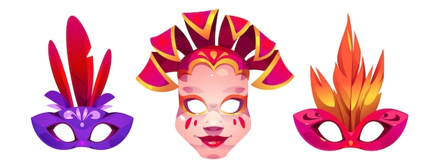 Máscaras de carnaval establecidas aisladas sobre fondo blanco ilustración de dibujos animados vectoriales de elementos de disfraces de mascarada para la cara decorados con plumas coloridas festival de venecia muestra arte tradicional italiano