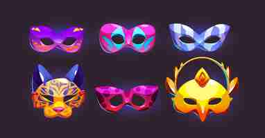 Vector gratuito máscaras de carnaval para mascarada o fiesta de disfraces de halloween conjunto de ilustraciones vectoriales de dibujos animados de teatro tradicional y festival de mardi gras elementos de disfraz de rostros con animales forma y decoraciones