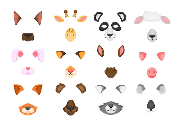 Máscaras faciales de animales para videos y fotos. Ilustraciones vectoriales de filtros selfie con orejas y narices. Dibujos animados divertidos bozales de perro gato conejo cerdo conejito ovejas aislado en blanco. Concepto de juego de chat.