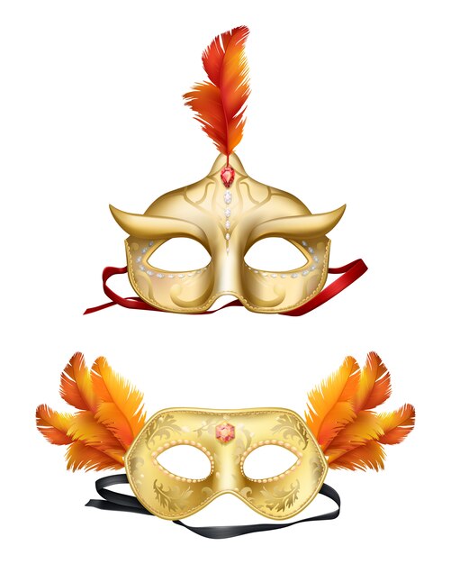Máscaras de oro colombina conjunto realista 3d.