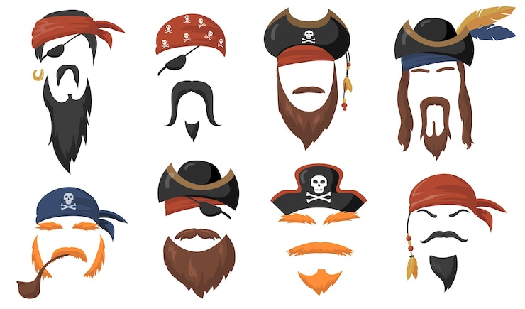 Vector gratuito máscaras de pirata para el conjunto de elementos planos de carnaval. sombreros de piratas de mar de dibujos animados, bandana de viaje, barba y pipa de humo colección de ilustraciones vectoriales aisladas. accesorios de fiesta y concepto de disfraz de cabeza