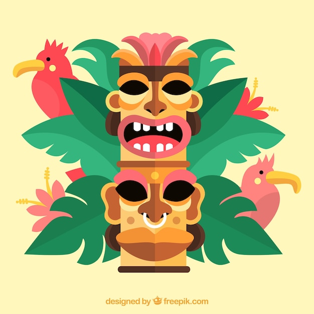 Vector gratuito máscaras tiki, loros y plantas