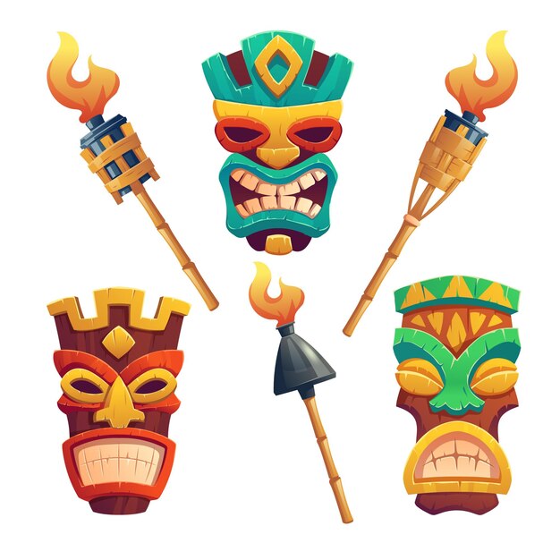 Máscaras tiki y tótem tribal hawaiano y antorchas encendidas en una vara de bambú