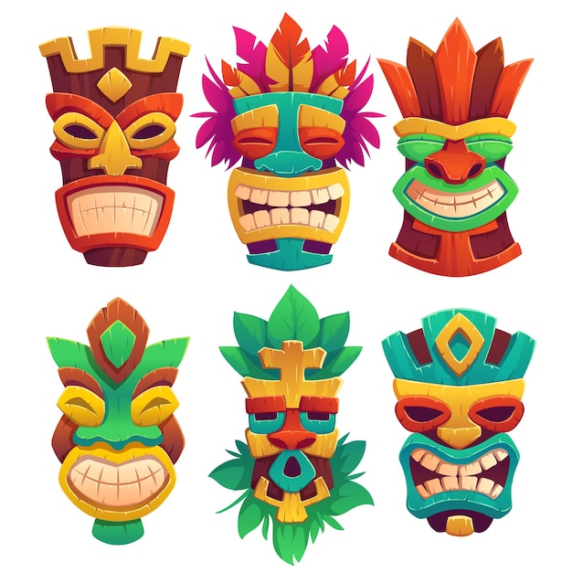 Máscaras tiki, tótems tribales de madera, atributos de estilo hawaiano o polinesio, caras aterradoras con boca llena de dientes