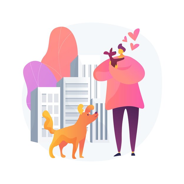 Mascota en la ilustración del concepto abstracto de la gran ciudad. Mantener al animal en el apartamento, lugar para pasear a las mascotas, perros conveniente ciudad, reglas y regulaciones, limpieza de instalaciones al aire libre
