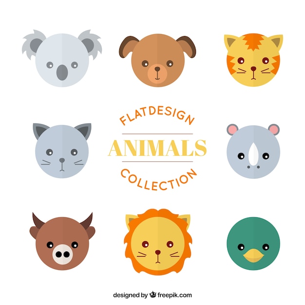 Vector gratuito mascotas y animales salvajes avatares establecen en diseño plano