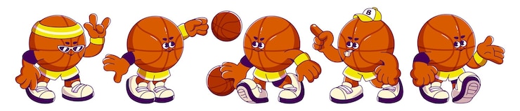 Vector gratuito mascotas de baloncesto de dibujos animados retro en poses dinámicas