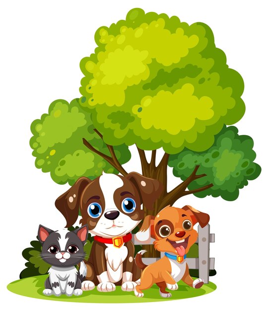 Las mascotas jugando bajo un árbol