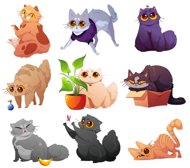 Vector gratuito mascotas lindas personajes gatos y gatitos en diferentes poses conjunto de dibujos animados vectoriales de gatitos divertidos leyendo sentados en una caja asustada de plátano y mariposa de caza en aerosol con planta de casa