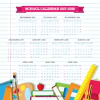 Vector gratuito material escolar y calendario sobre hoja de libreta