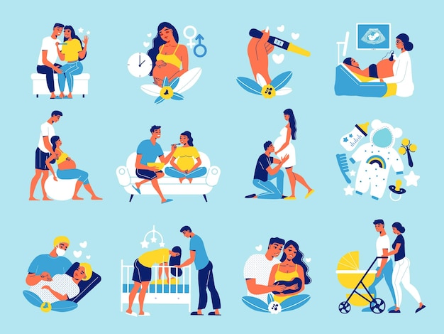 Vector gratuito maternidad embarazada conjunto de iconos aislados con personajes humanos de pareja amorosa esperando la ilustración de vector de bebé