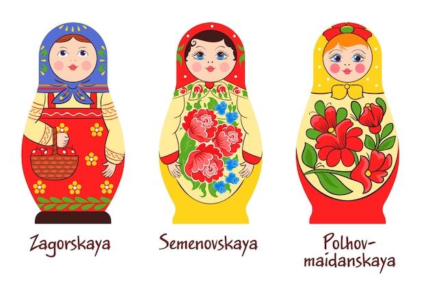 Vector gratuito matryoshka tradicional rusa conjunto de tres imágenes aisladas con diferentes muñecas apiladas con diferentes obras de arte para colorear