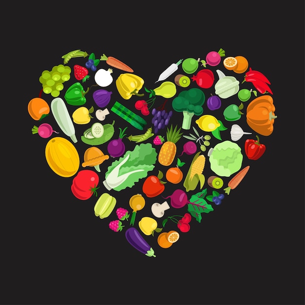 Me encanta el concepto de comida sana. Forma de forma de corazón de estilo plano de sabrosos alimentos de granja ecológica s. Elegante conjunto de plantas de setas de frutas vegetales baya conceptual. Recolección de alimentos agrícolas.
