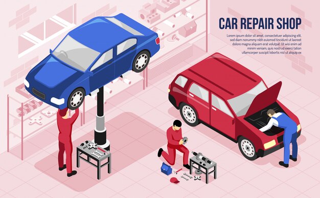 Mecánica con herramientas profesionales durante el trabajo en taller de reparación de automóviles horizontal isométrica