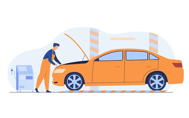 Mecánico de automóviles que repara el motor del vehículo aislado ilustración vectorial plana. Hombre de dibujos animados arreglando o revisando el coche con el capó abierto en el garaje.