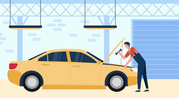 Mecánico de reparación de automóviles en garaje con herramienta aislada ilustración vectorial plana. Hombre de dibujos animados arreglando o comprobando el motor del vehículo. Concepto de mantenimiento y servicio automático