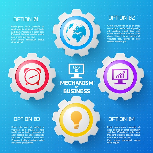 Mecanismo de infografía empresarial con elementos coloridos y descripción de opciones planas