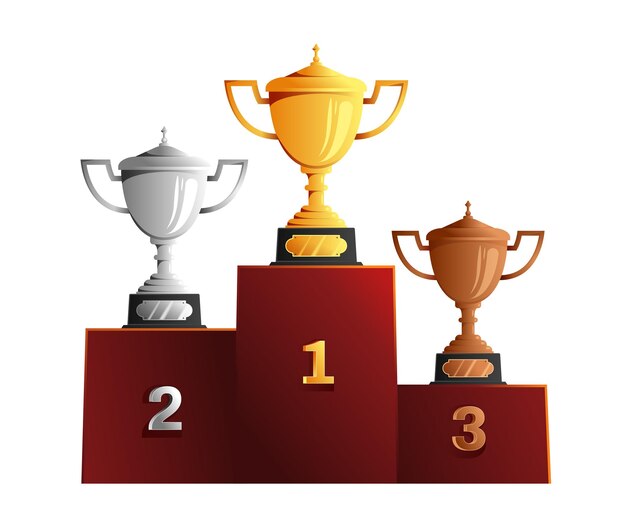 Las medallas de las copas recompensan en la composición del pedestal con la imagen del podio de los ganadores con la ilustración de las copas de bronce, plata y oro