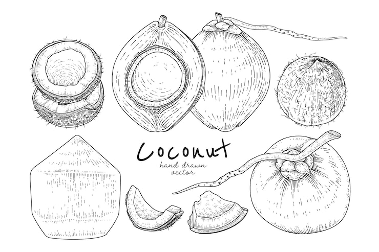Vector gratuito media cáscara entera y carne de coco dibujado a mano estilo retro boceto dibujado a mano