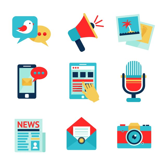 Media comunicación social conjunto de iconos de red aislado ilustración vectorial