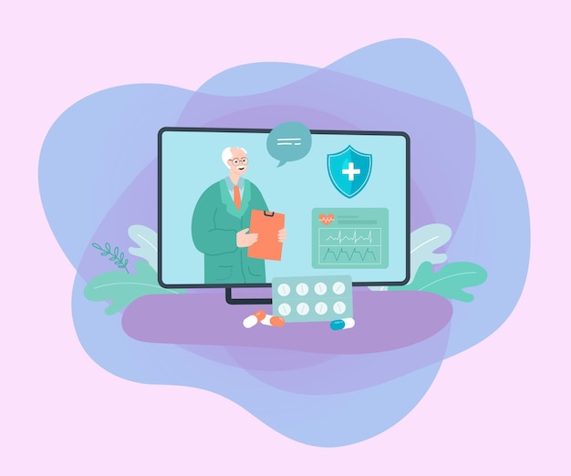 El médico anciano en la pantalla de la computadora y las pastillas