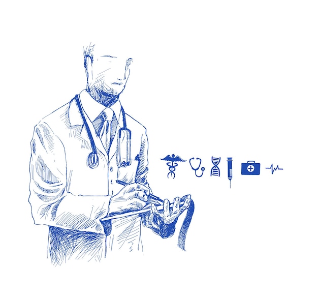 Médico árabe con fondo de Vector de boceto dibujado a mano de icono médico