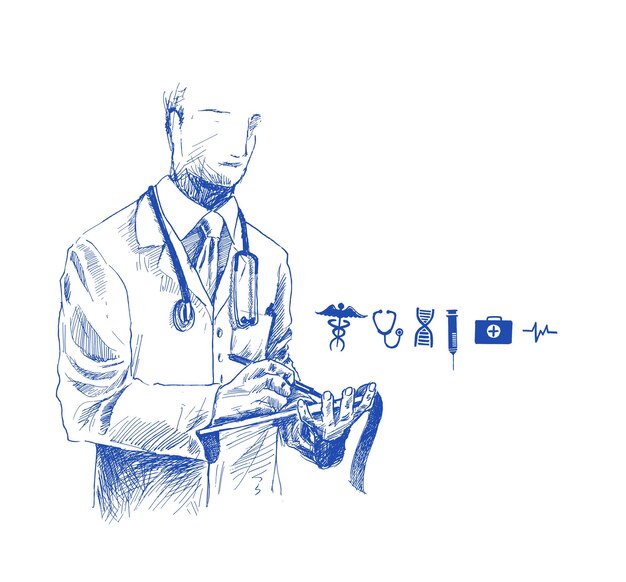 Médico árabe con fondo de Vector de boceto dibujado a mano de icono médico