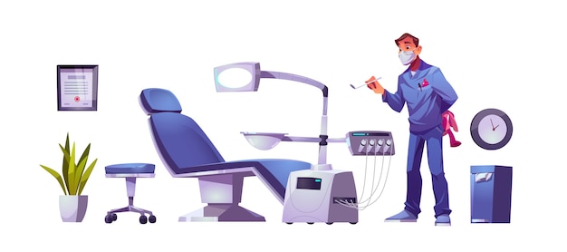 Médico dentista de niños en gabinete de estomatología de clínica dental, ortodoncista con espejo y juguete en el lugar de trabajo con silla moderna equipada con motor integrado y luz quirúrgica ilustración de dibujos animados