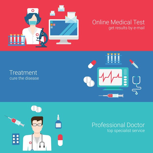 Médico enfermera personal de atención médica concepto conjunto de plantillas de banners planos