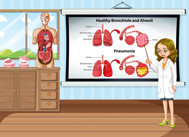 Médico explicando la enfermedad pulmonar en la habitación.