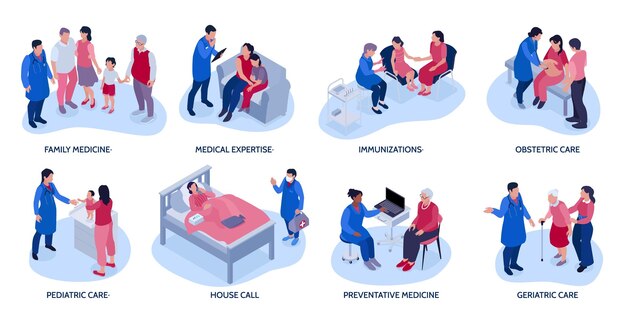 Médico de familia isométrico con composiciones redondas aisladas de personajes de miembros de la familia que se reúnen con el médico en casa ilustración vectorial