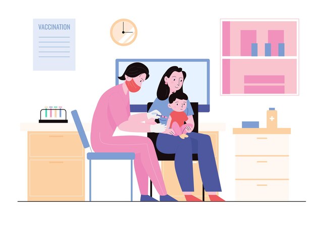 Médico inyectando al bebé durante la campaña de vacunación ilustración vectorial plana