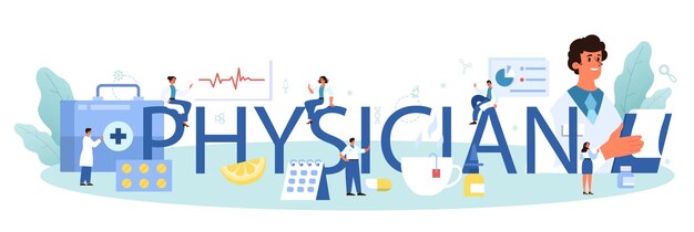 Médico o médico de atención médica general encabezado tipográfico Idea de médico que se preocupa por la salud del paciente Tratamiento y recuperación de la gripe Ilustración vectorial en estilo de dibujos animados