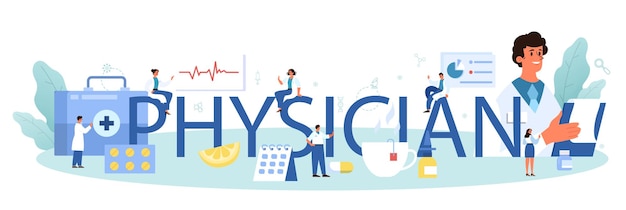 Médico o médico de atención médica general encabezado tipográfico Idea de médico que se preocupa por la salud del paciente Tratamiento y recuperación de la gripe Ilustración vectorial en estilo de dibujos animados