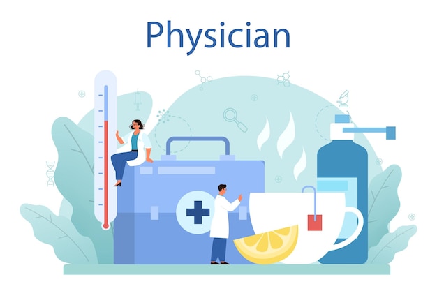 Médico o médico general de atención médica Idea de médico que se preocupa por la salud del paciente Tratamiento y recuperación de la gripe Ilustración vectorial en estilo de dibujos animados
