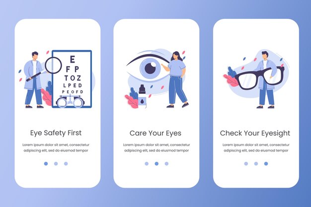 El médico oftalmólogo plano con lupa en las manos revisa la vista. Plantilla de sitio web vectorial de pruebas oculares o corrección de la visión. Concepto de cuidado de los ojos con gotas y anteojos. Diseño de página de destino para la aplicación.