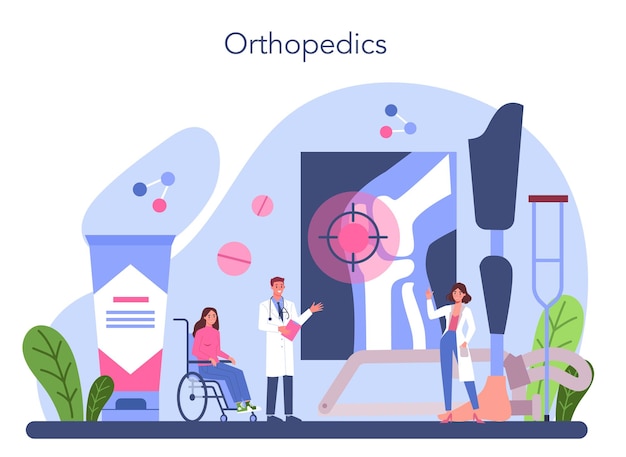 Vector gratuito médico ortopédico idea de tratamiento articular y óseo anatomía humana y estructura ósea ilustración vectorial en estilo de dibujos animados