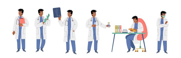 Médico personal de atención médica del hospital en el trabajo Personaje masculino médico en túnica blanca en el laboratorio Empleado de medicina sostenga estetoscopio portapapeles radiografía y botella de pastillas Conjunto de ilustración de vector plano lineal de dibujos animados