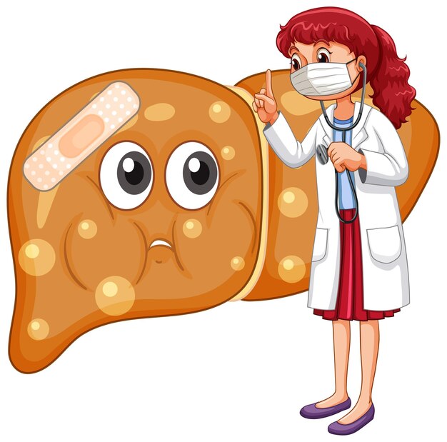 Un médico de pie con hígado graso sobre fondo blanco.