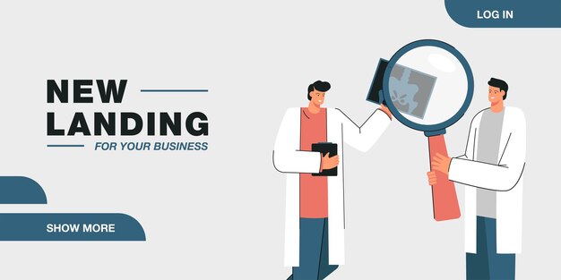 Médicos de dibujos animados que analizan la radiografía de la pelvis con lupa. Profesionales médicos que hacen diagnóstico ilustración vectorial plana. Medicina, concepto de salud para banner, diseño de sitio web o página web de inicio