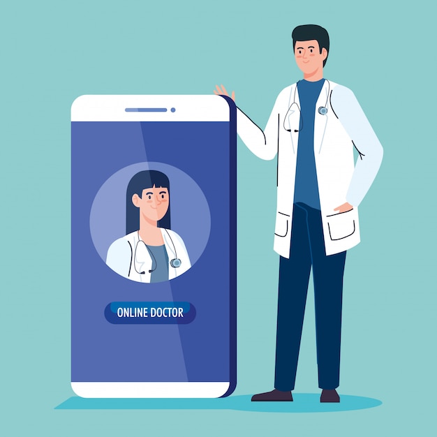 Vector gratuito médicos y teléfonos inteligentes con aplicación de medicina en línea