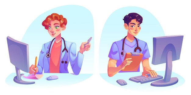 Médicos trabajando en computadora en el hospital